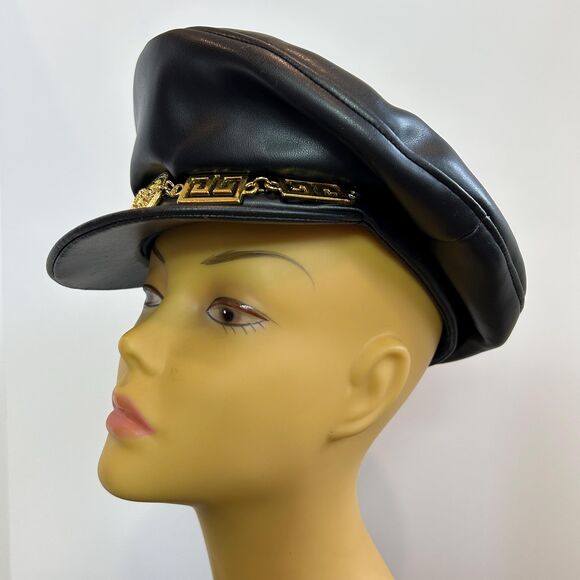 Vintage 80s KOKIN Faux Leather Moto Biker Newsboy Cabbie Hat Gold Sunburst - Picture 4 of 9
